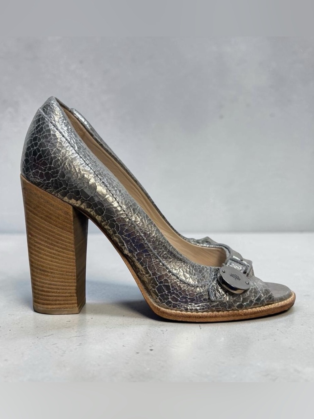 Mulberry Bayswater Silver Cracked Leather Peep Toe Pumps Block Heels Size 38.5